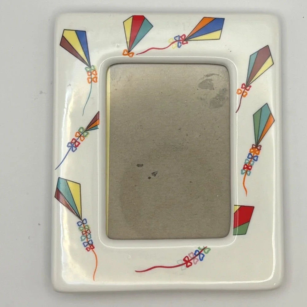 Vtg 90s Ceramic Kite Picture Frame Colorful Bows Kidcore Playful Decor 3.5x4.5